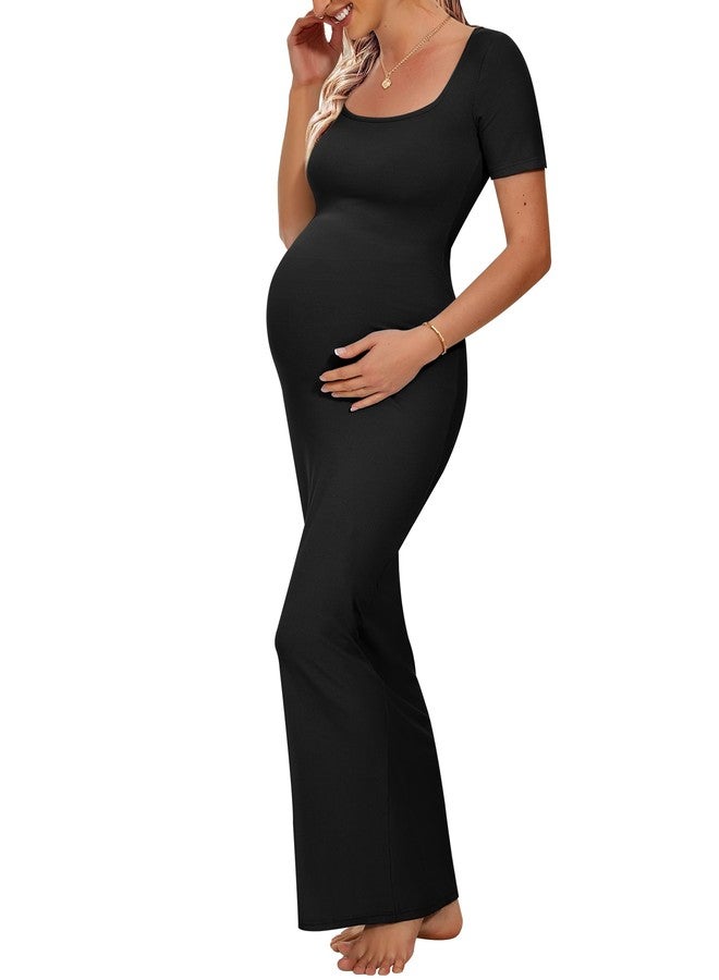 Peauty Casual Maternity Maxi Dress Elegant Black Bodycon Dresses Baby Bump Photoshoot, Pregnancy Dresses Pregnancy Outfits for Women Summer Maternity Dress(Black L) - Image 1